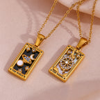 Mode Tarot Halskette mit Strasssteinen, Diamantbesetzter Anhänger, Rechteckige Tropfenhalskette aus Edelstahl, Schmuck