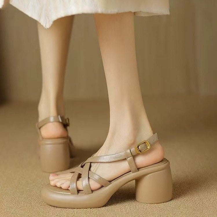 Sandales à talon haut en cuir souple rétro pour femmes à plateforme à bout ouvert