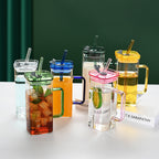 1 Pcs Pink Glass Straw Cup, 6 Colors Square Glass Cup With Straw And Lid, High Borosilicate Glass Cup, Milk Cup, Juice Cup, Cold Drink Cup, Coffee Cup, Tea Cup, Office Cup, Gift Cup