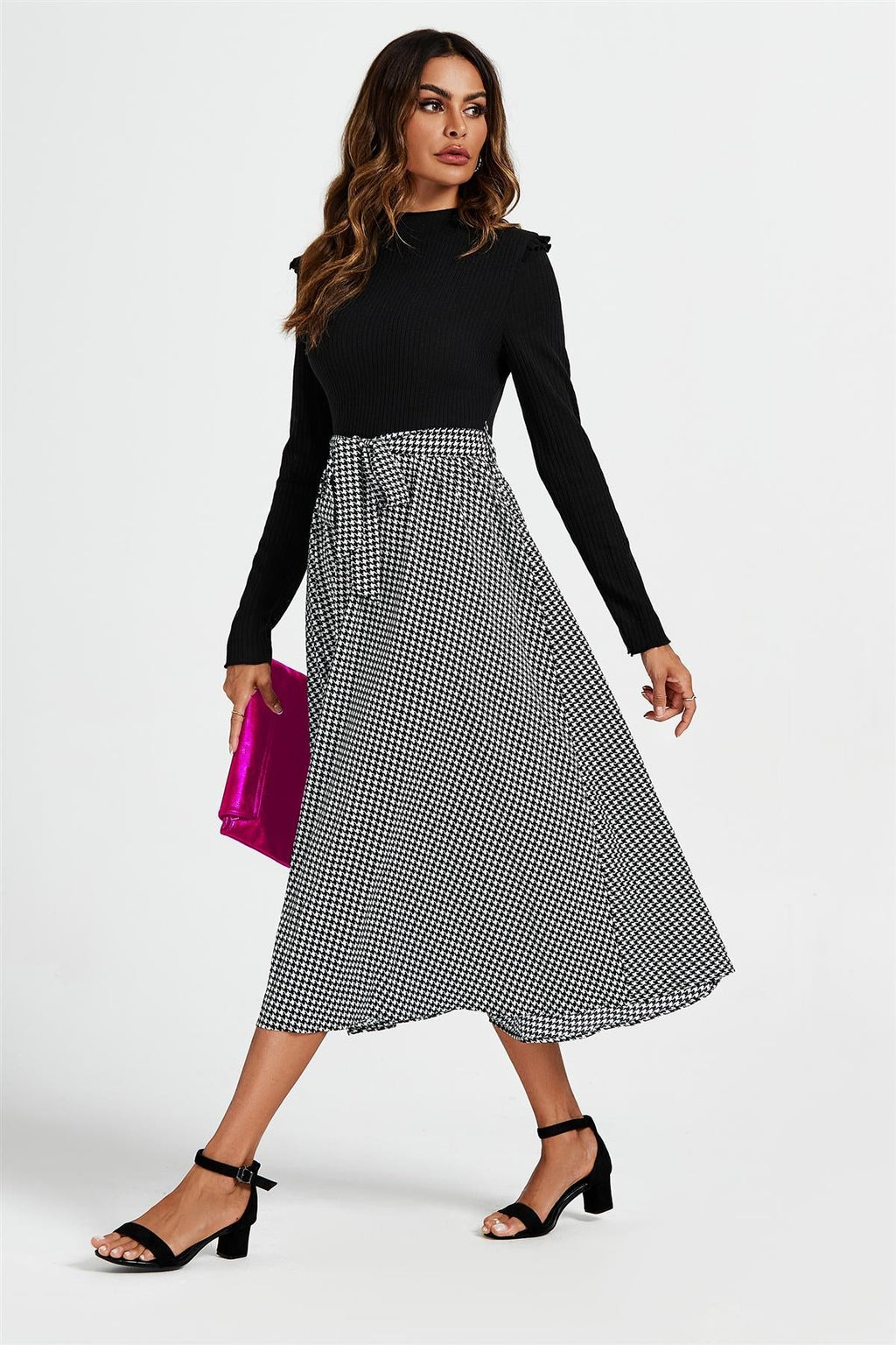 2-in-1 Schwarz-Weiß Hahnentritt-Midikleid