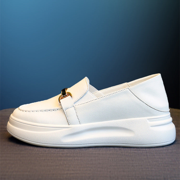 Chaussures blanches en cuir véritable pour femmes, mocassins à plateforme polyvalents et anti-explosion pour l'automne