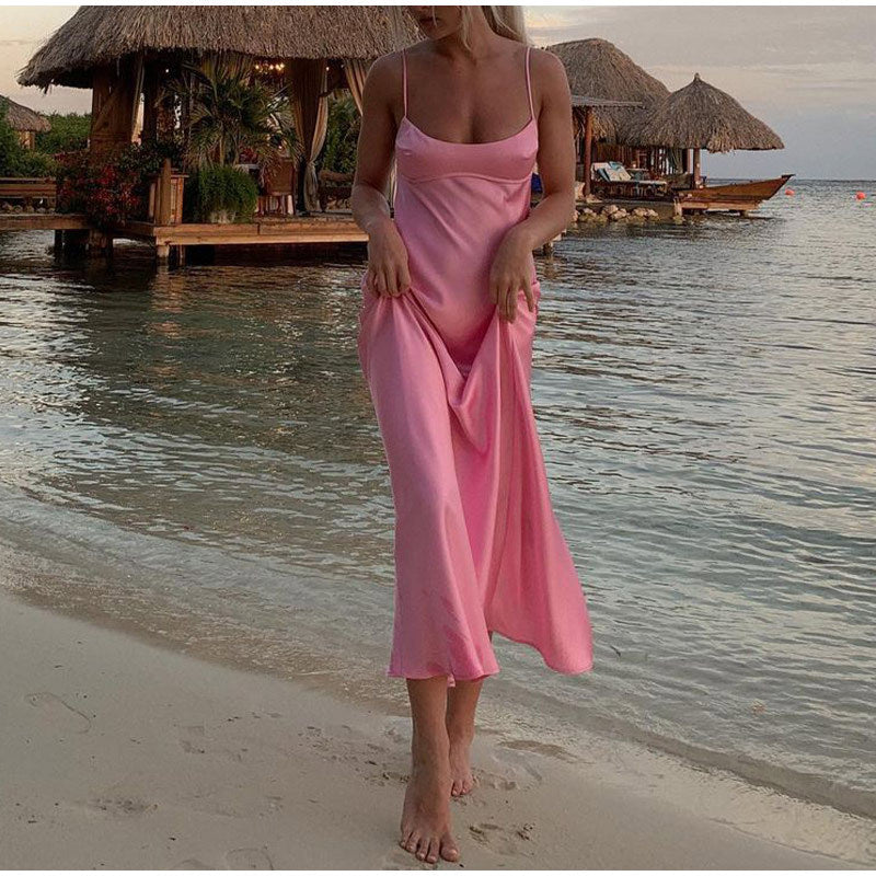 Dames Cami Robe Longue en Satin Élégant Sans Manches Robe de Vacances Sexy Décontractée Dos Nu Robes d'été