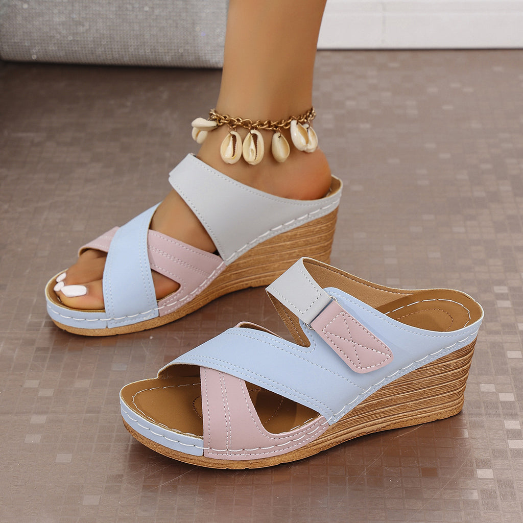 Mules compensées plateforme pour femmes avec fermeture velcro de couleur combinée