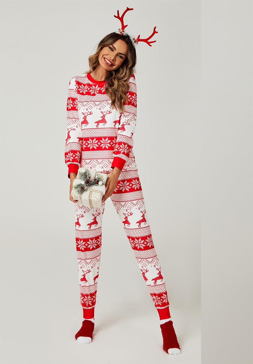 Weihnachts-Sweatshirt-Set mit Hose, Pyjama-Set in Weiß & Rot mit Schnee-Rentier-Motiv