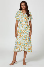 Floral Print Angel Sleeve Wrap Midi Dress In Yellow