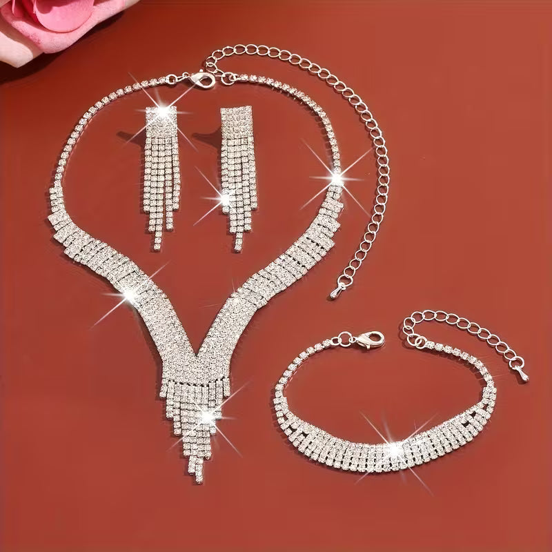 Halskette + 1 Paar Ohrringe + 1 Armband | Silberfarbenes Damenschmuckset mit Strasssteinen, ideal für Partys und Bankette 