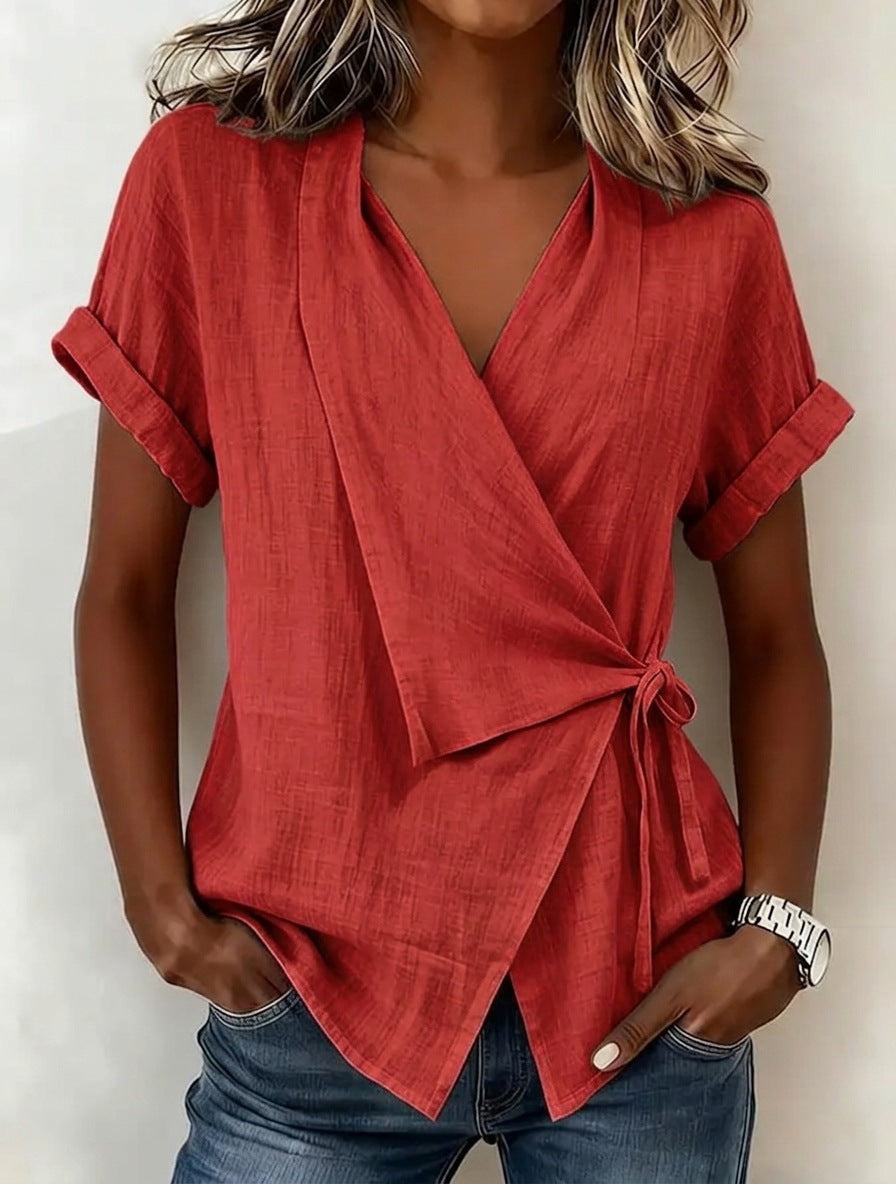 Haut décontracté pour femme à revers et manches courtes, avec lacets
