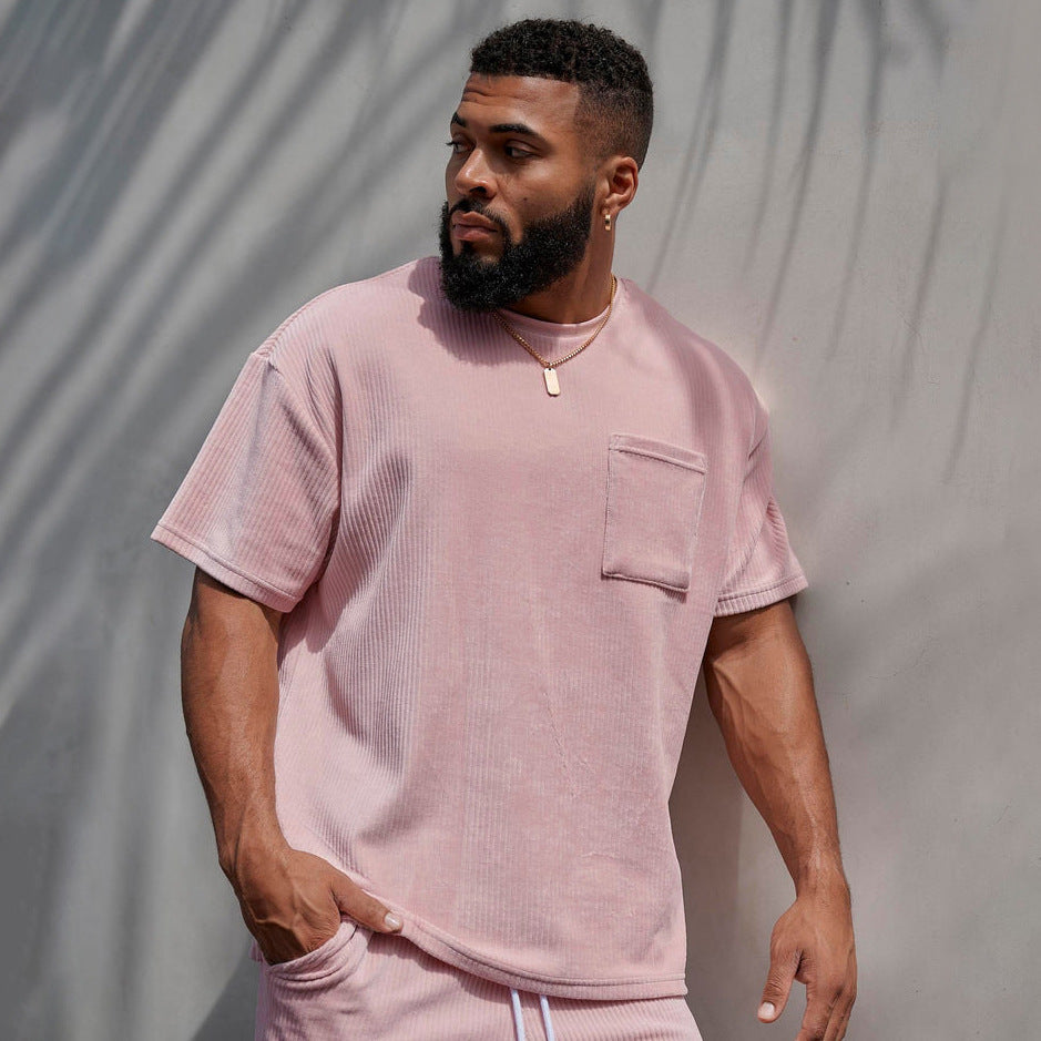 Sports Men's Round Neck Corduroy Casual T-shirt