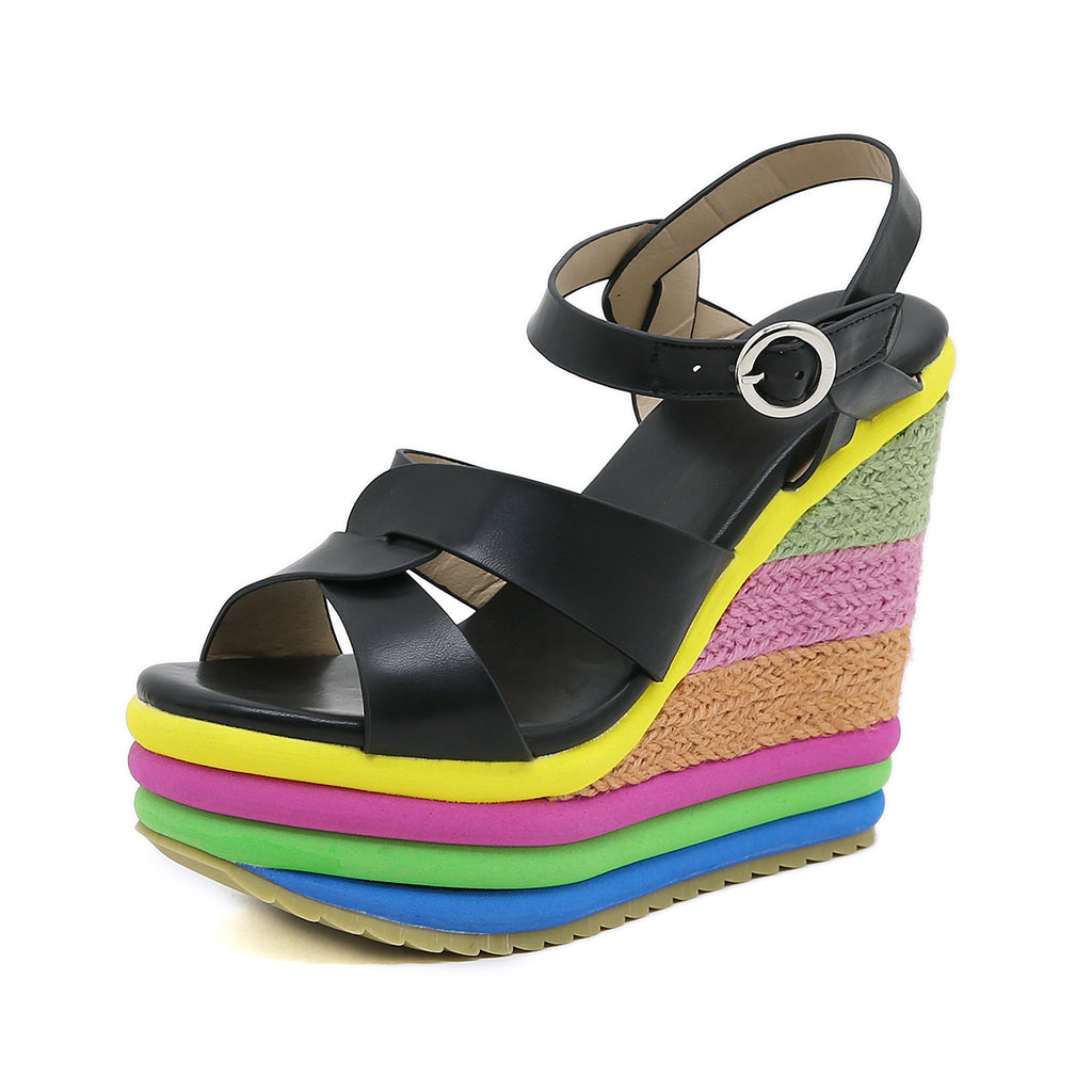 Nouvelles sandales compensées peep-toe Arc-en-ciel pour femmes
