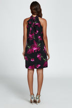Floral Print Halter Neck Tie Back Mini Dress In Black