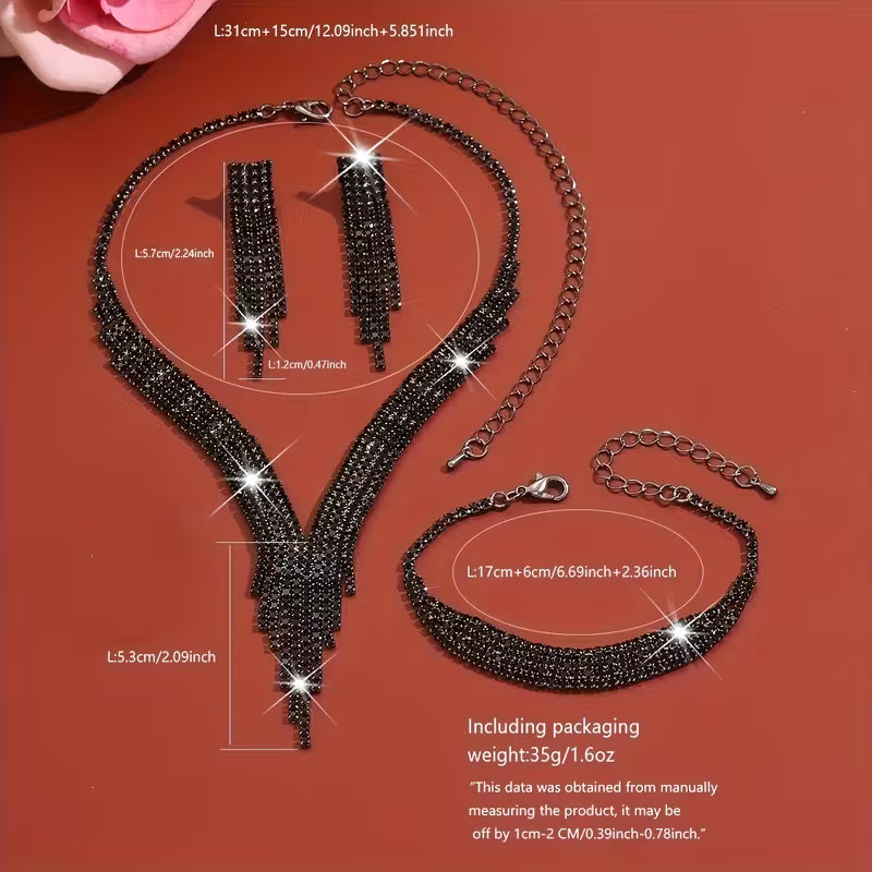 Halskette + 1 Paar Ohrringe + 1 Armband | Silberfarbenes Damenschmuckset mit Strasssteinen, ideal für Partys und Bankette 