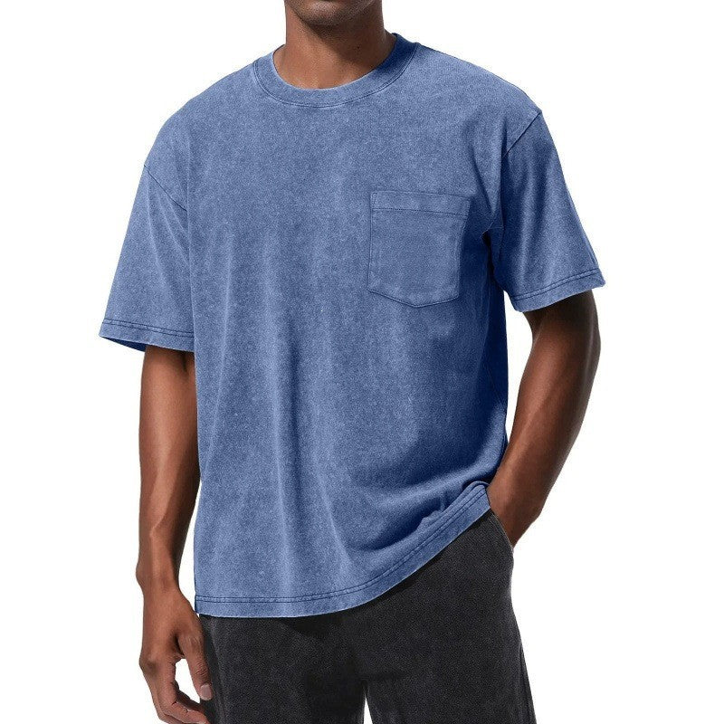 Retro Washed Pocket 3D Digital Print All-Match Crew Neck Short-Sleeve T-Shirt