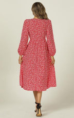 Button Down V Neck Long Sleeve Midi Dress In Red Floral Print