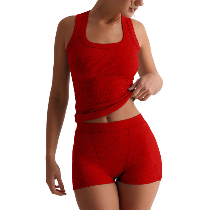 Damen lässiges einfarbiges Rundhals-Tanktop und High-Waist-Shorts-Set im Slim-Fit