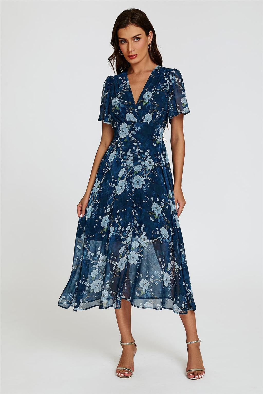 Geblümtes Midikleid mit V-Ausschnitt in Marineblau