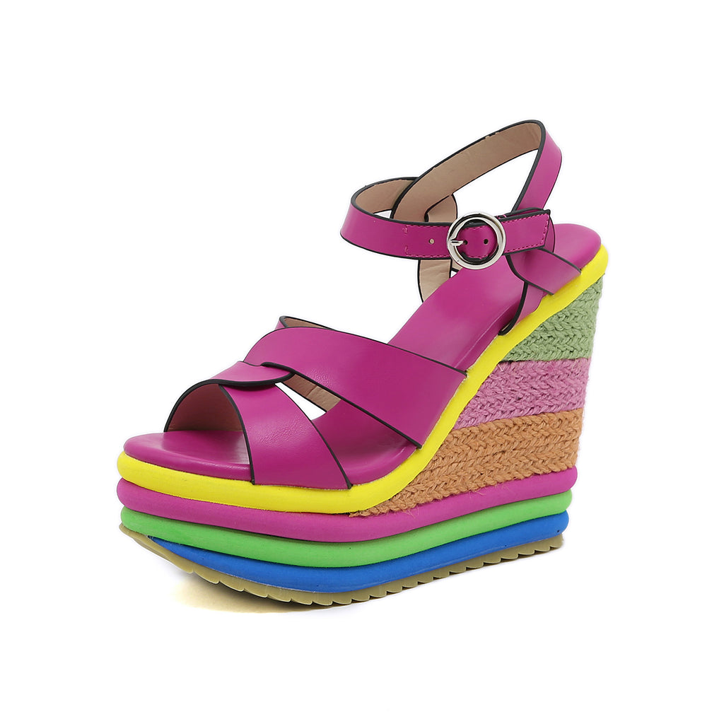 Nouvelles sandales compensées peep-toe Arc-en-ciel pour femmes