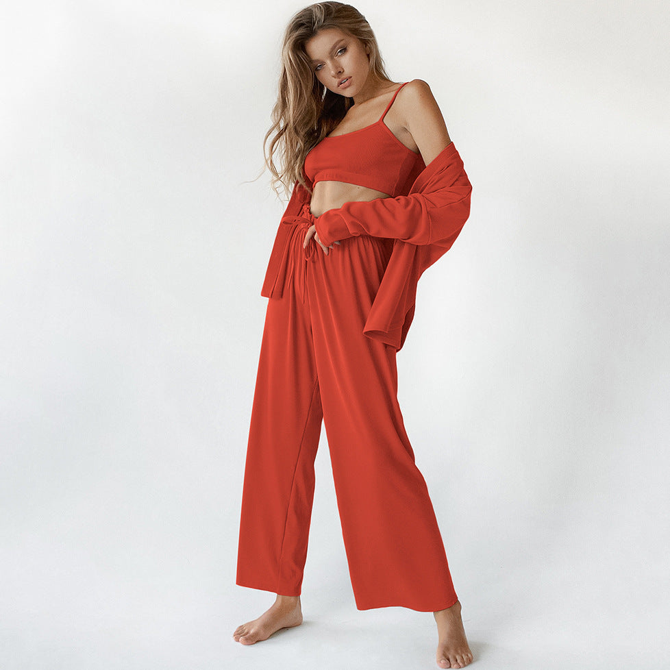 Women's Fashion Solid Color Pajamas Undershirt Three-piece Set