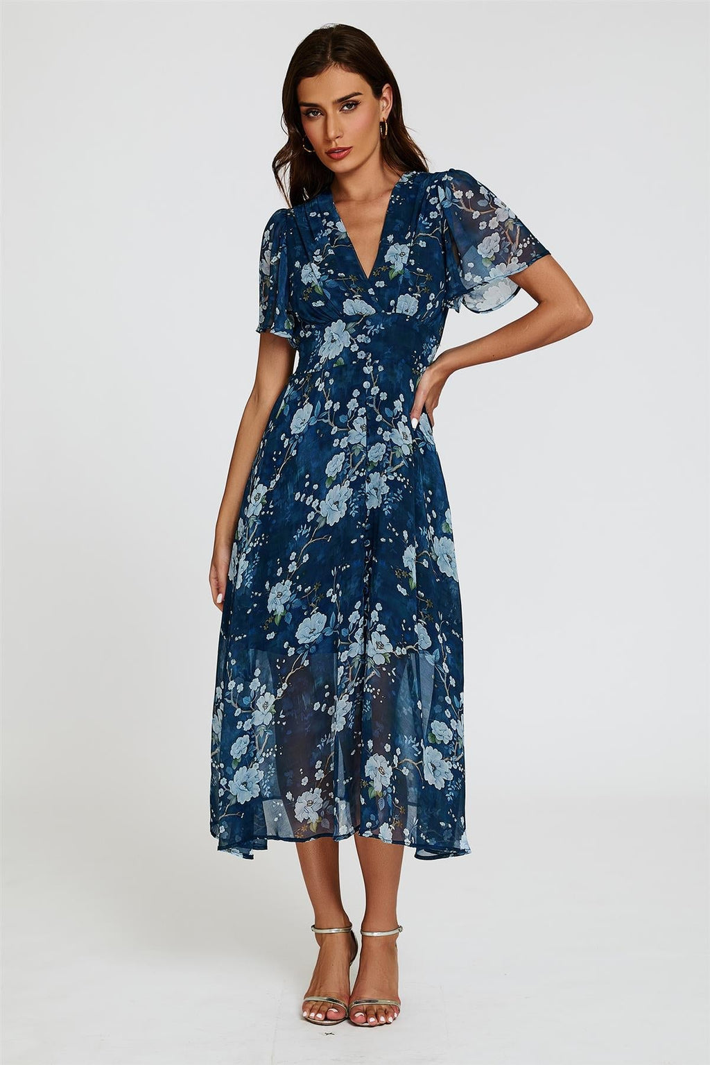 Geblümtes Midikleid mit V-Ausschnitt in Marineblau