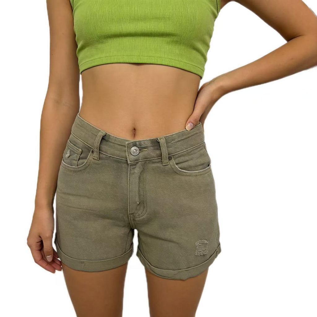 Short en jean décontracté pour femme, style rétro et usé