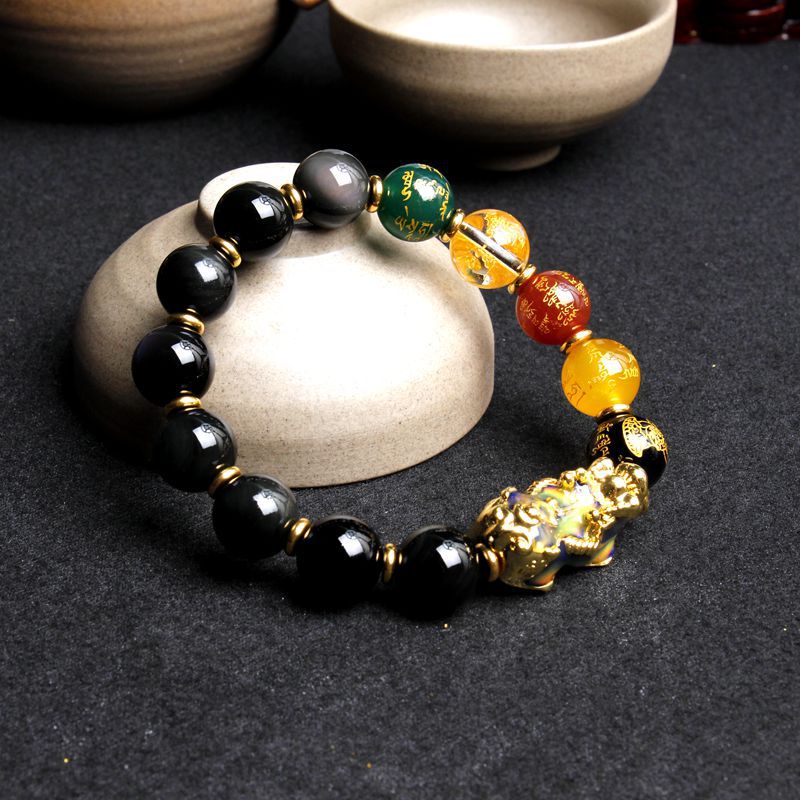 Armband aus natürlichem Obsidian für Herren, Fünf-Wege-Gott des Reichtums