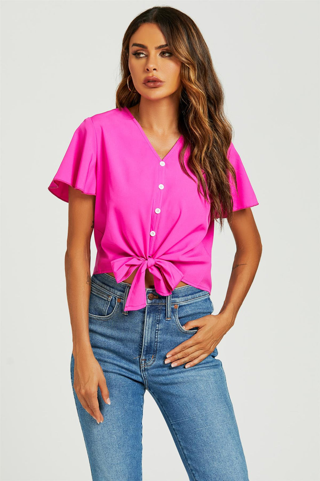 Süßes Bindeknoten-Crop-T-Shirt mit Knöpfen in Fuchsia-Pink