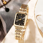 Elegantes quadratisches Damen-Quarzuhr-Set mit Herzanhänger – luxuriöses Zifferblatt in Goldoptik