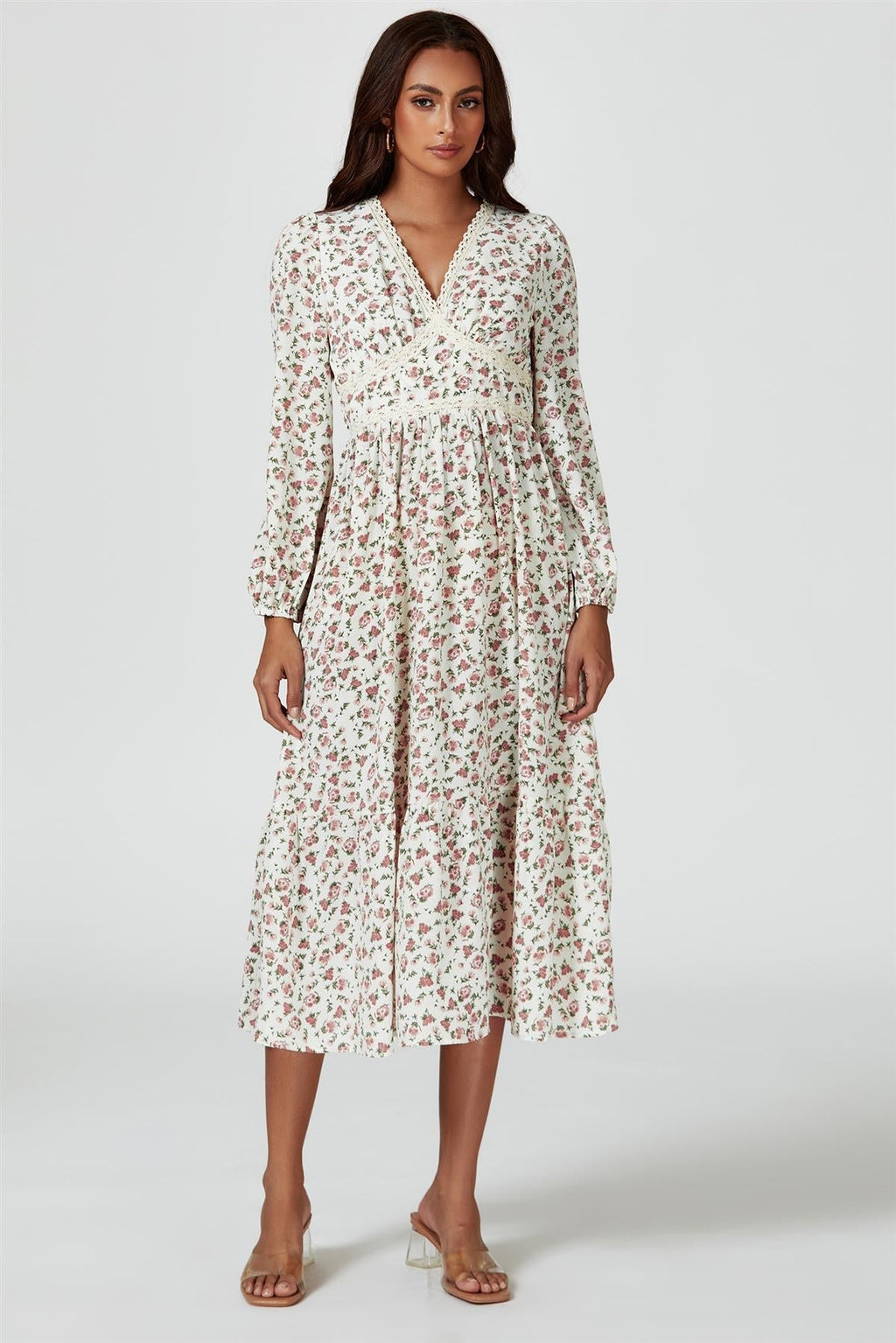 Blumendruck Midi-Langarmkleid in Weiß