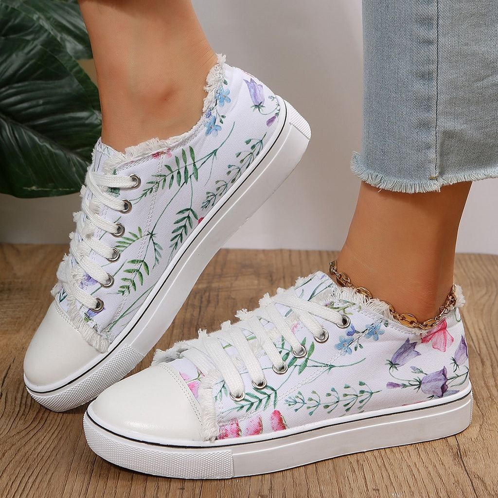 Chaussures plates décontractées en toile à lacets floraux imprimés, mocassins pour femmes, chaussures de marche