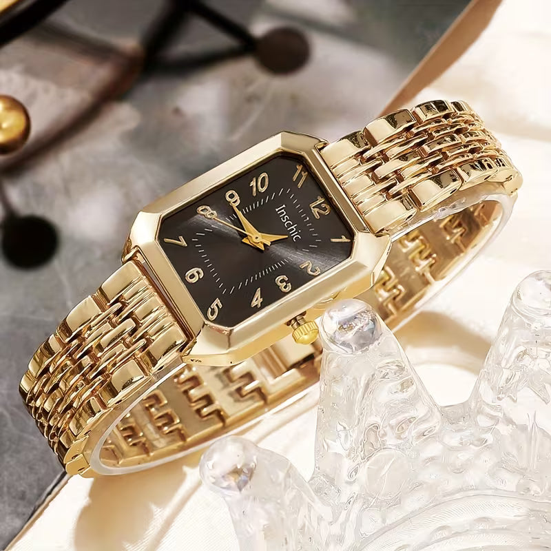 Elegantes quadratisches Damen-Quarzuhr-Set mit Herzanhänger – luxuriöses Zifferblatt in Goldoptik