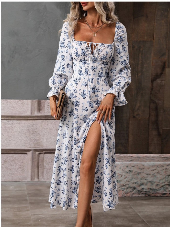 Robe à manches longues à imprimé floral, coupe mode, col carré, fente à l'ourlet, vêtements pour femmes