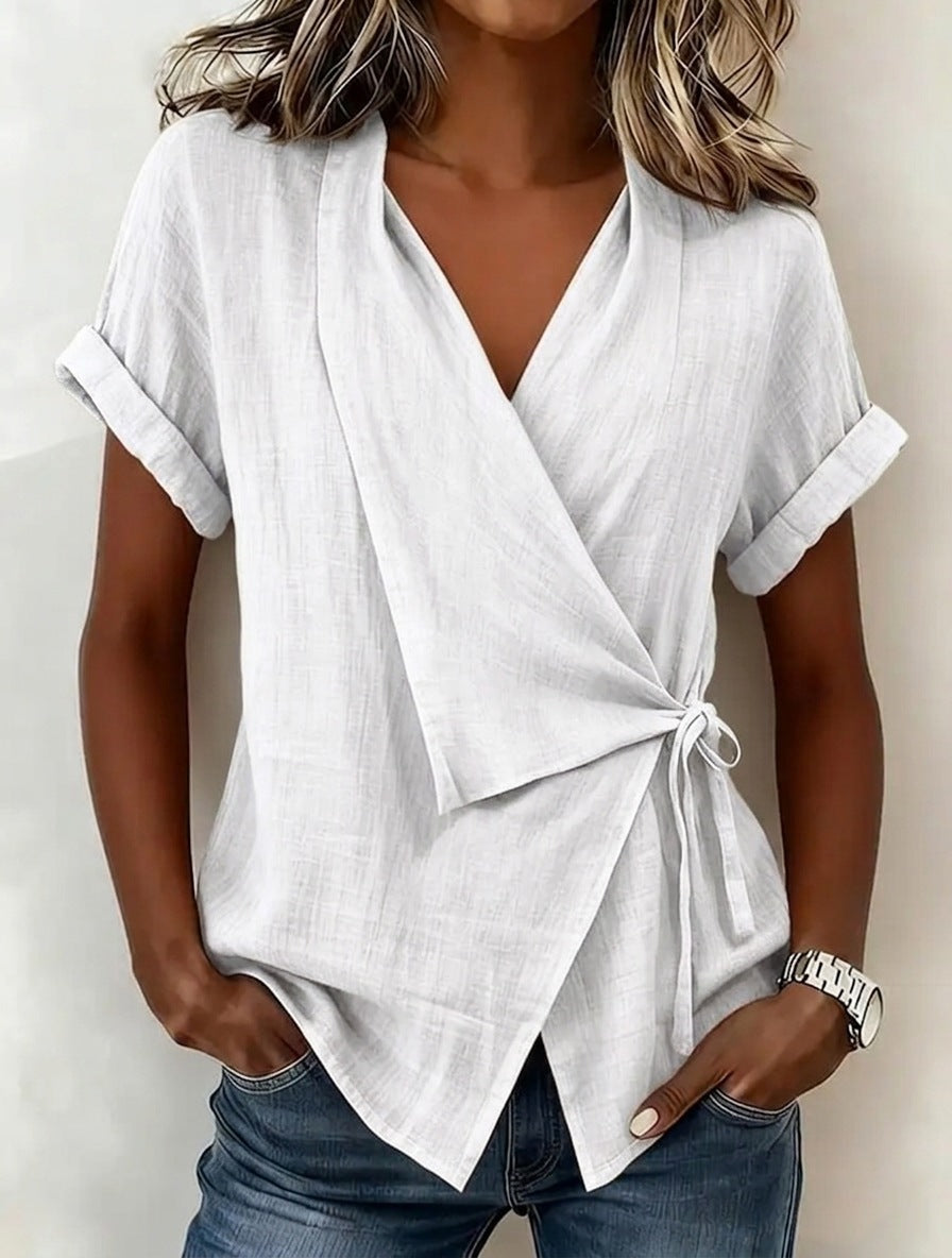 Haut décontracté pour femme à revers et manches courtes, avec lacets