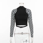 Patchwork Checkerboard Long Sleeve Crop Slim Fit T-Shirt