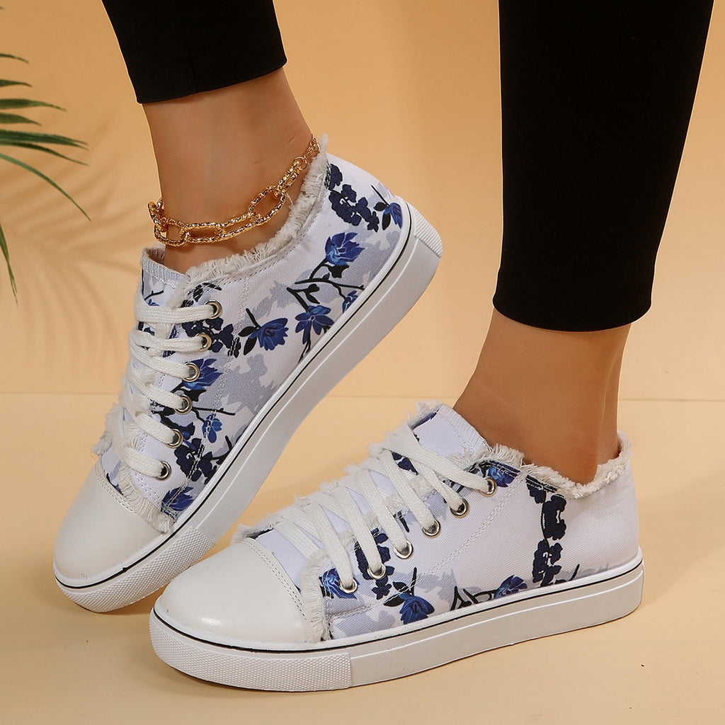 Chaussures plates décontractées en toile à lacets floraux imprimés, mocassins pour femmes, chaussures de marche