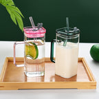 1 Pcs Pink Glass Straw Cup, 6 Colors Square Glass Cup With Straw And Lid, High Borosilicate Glass Cup, Milk Cup, Juice Cup, Cold Drink Cup, Coffee Cup, Tea Cup, Office Cup, Gift Cup