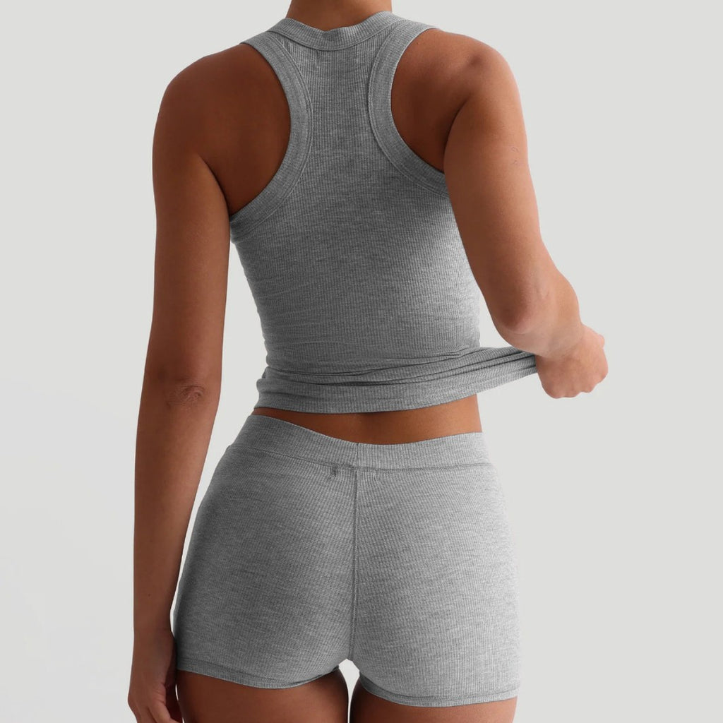 Damen lässiges einfarbiges Rundhals-Tanktop und High-Waist-Shorts-Set im Slim-Fit