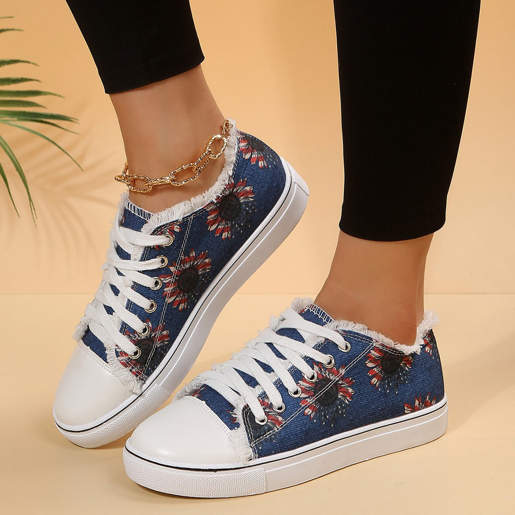 Chaussures plates décontractées en toile à lacets floraux imprimés, mocassins pour femmes, chaussures de marche
