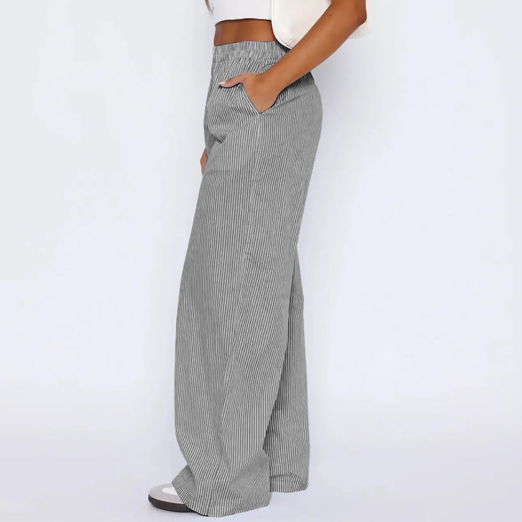 Gestreifte Hose mit Taschen, im Mode-Stil, lässige weite gerade Hose, Damenbekleidung