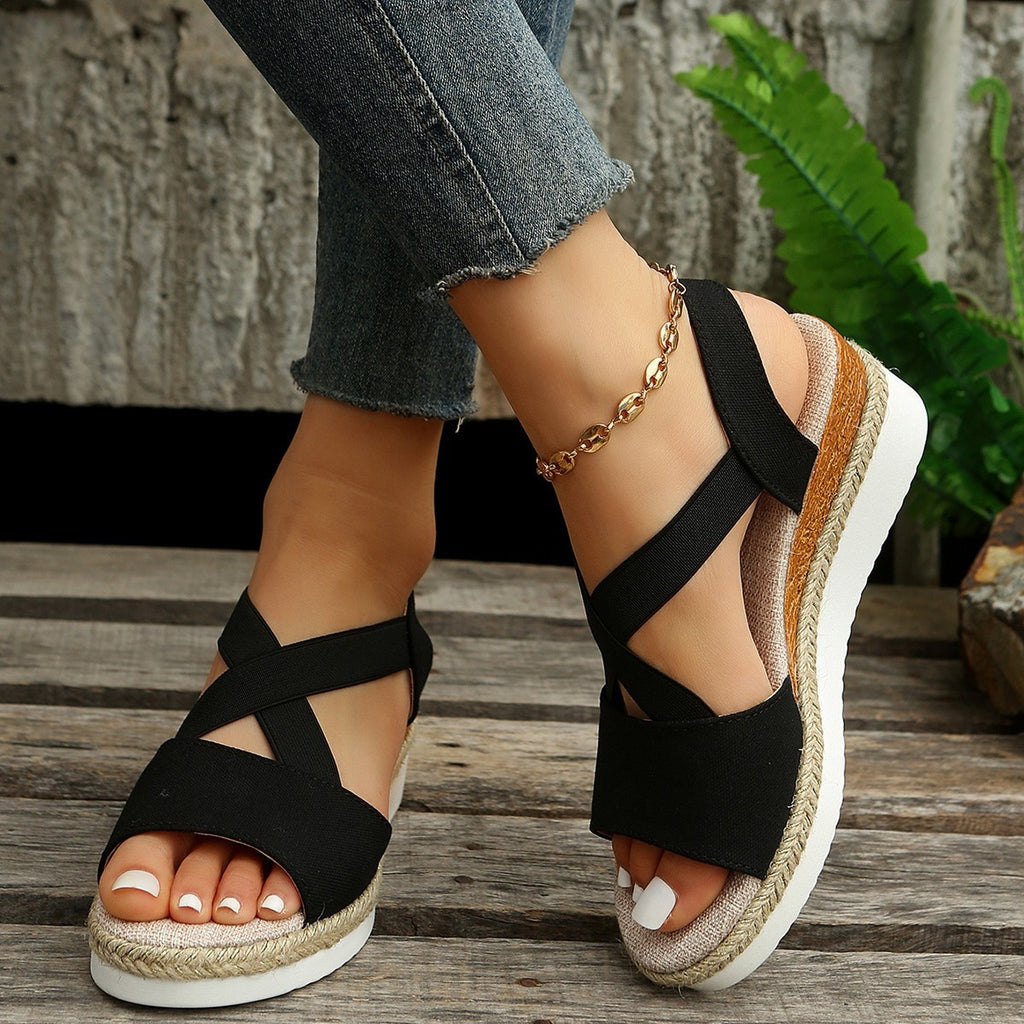 Sandales à talons hauts compensés en corde de chanvre tressée en paille, bout ouvert, grande taille