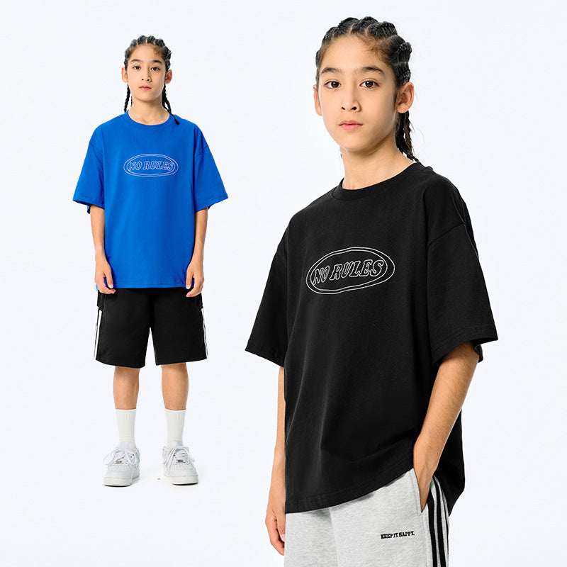 DK Kids' American-style Retro Embroidered Loose Short-sleeve Clothing