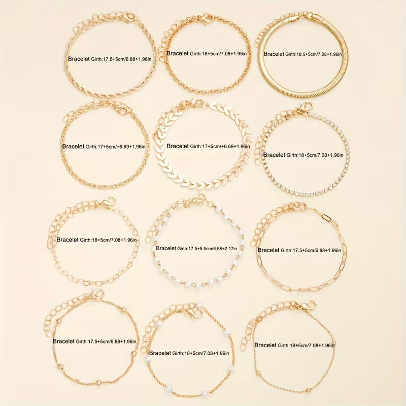 2-teiliges Damen-Armbandset, goldfarbenes Schmuckstück mit unechter Perle in Herzform und funkelnder, künstlicher Zirkonia-Kette mit mehreren Lagen, faltbar