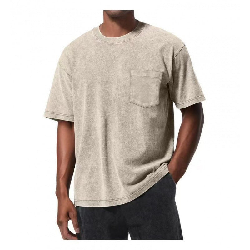 Retro Washed Pocket 3D Digital Print All-Match Crew Neck Short-Sleeve T-Shirt