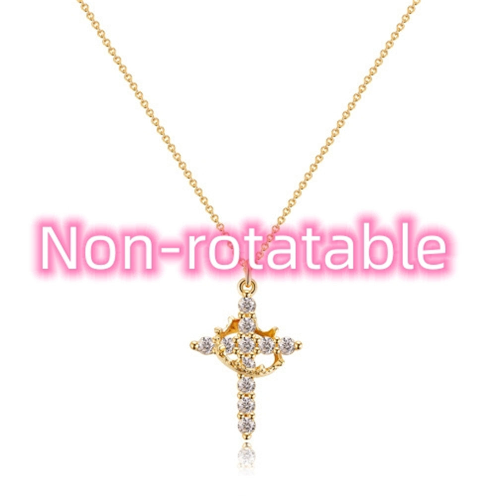 Collier rotatif couronne en croix serti de faux diamants