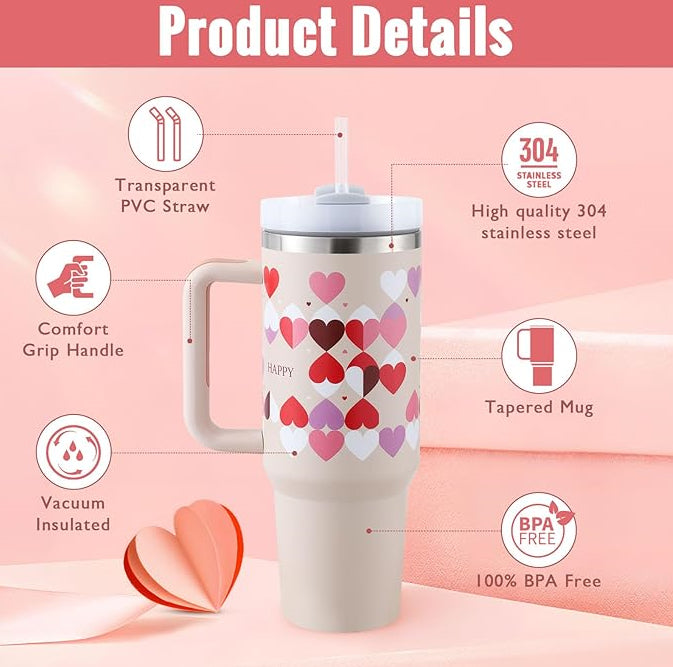 40 oz Becher mit Griff und Strohhalm, isoliert, auslaufsicher, Vakuum-Kaffeetasse aus Edelstahl mit Deckel, konischer Becher, Geschenke für Valentinsliebhaber, geeignet für Auto, Fitnessstudio, Büro, Reisen