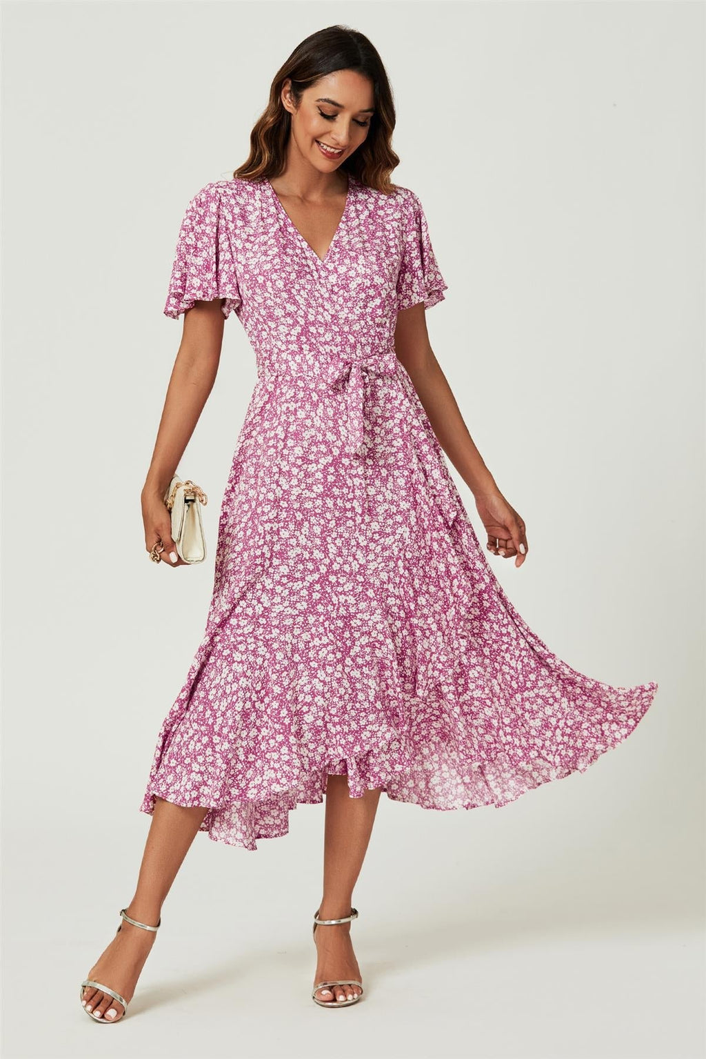 Blumendruck Midi-Wickelkleid in Pink