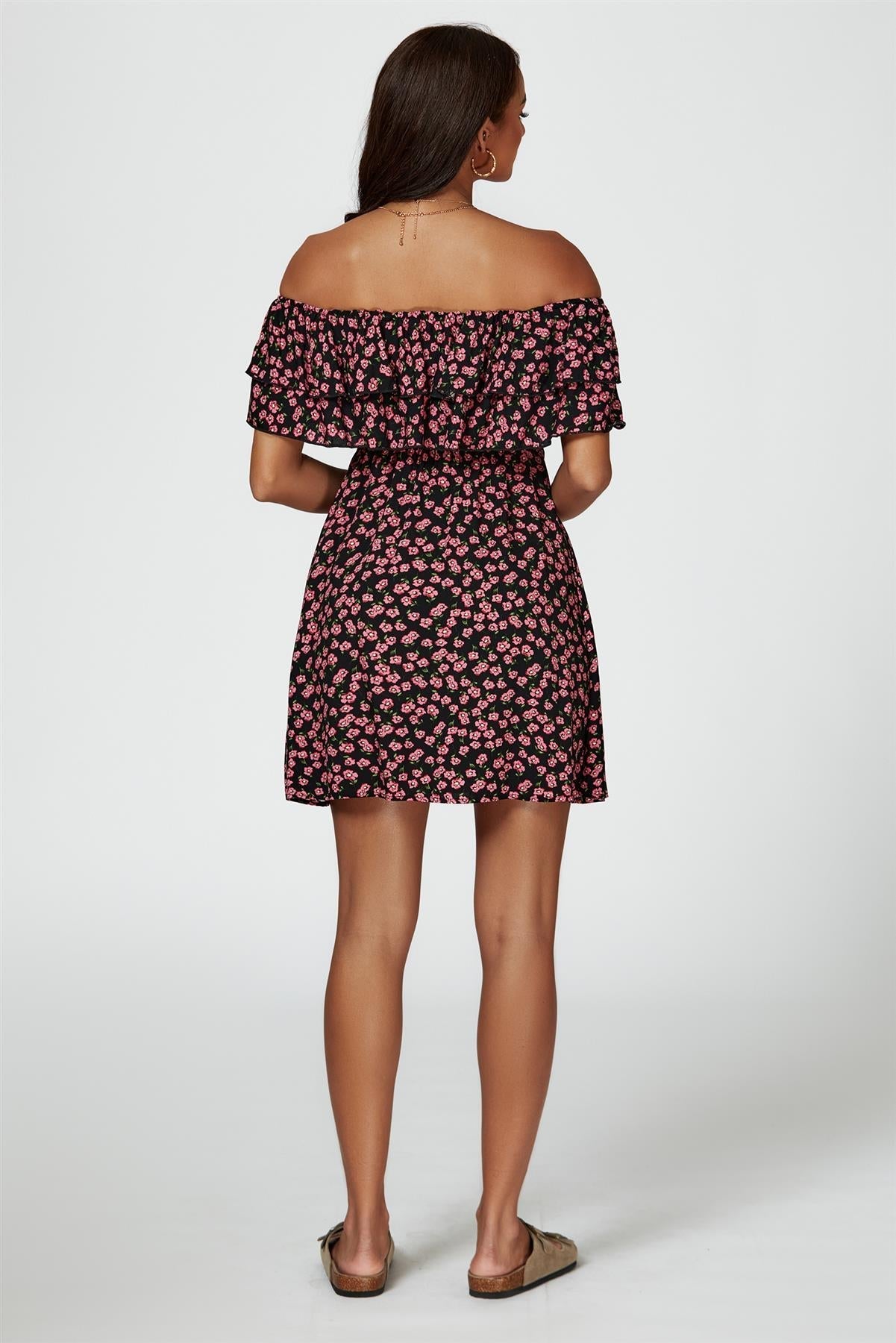 Floral Print Bardot Frill Mini Dress In Black