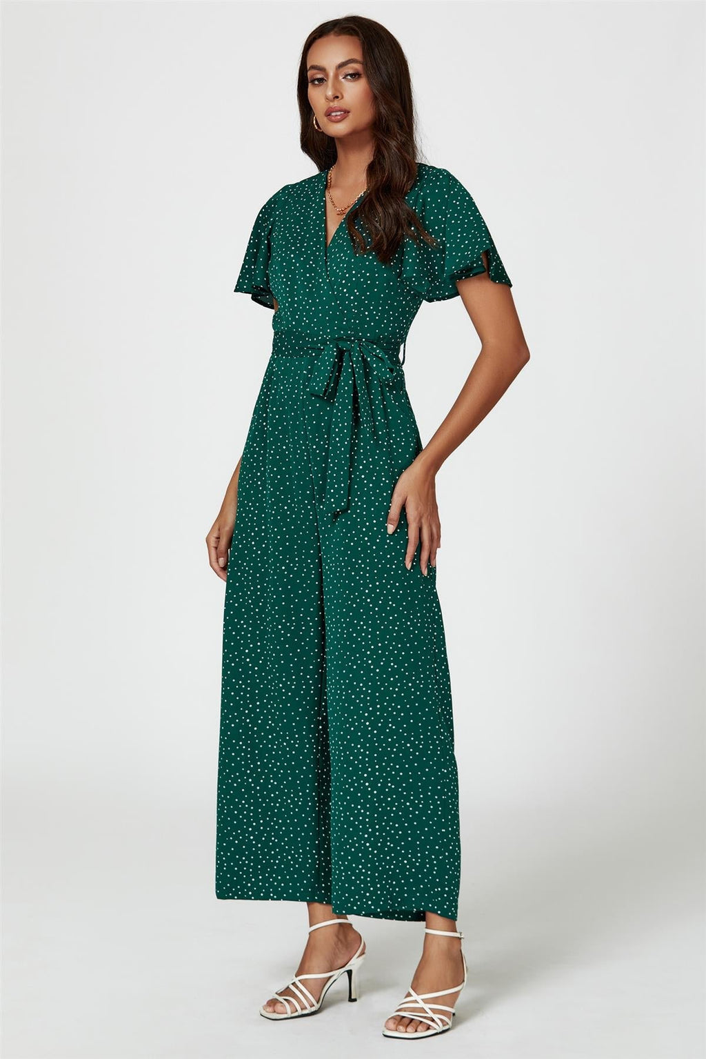 Gepunkteter Wickel-Jumpsuit in Grün