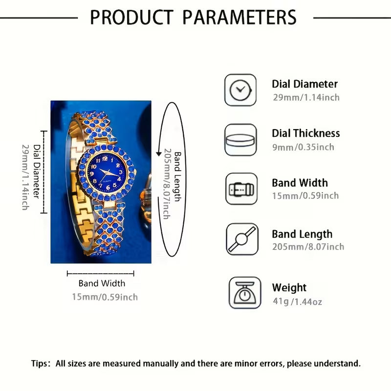 Luxuriöse blaue und transparente Damenuhr mit Quarz-Design und passendem Set