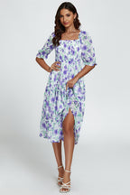 Floral Print Bardot Puff Sleeve Elasticated Detail Midi Dress In White