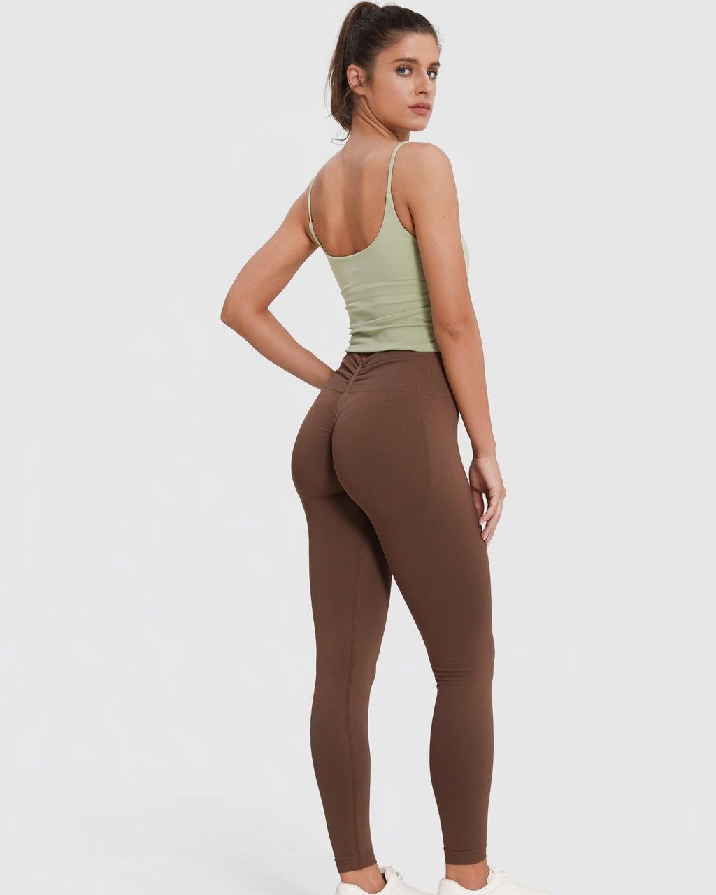Set leggings froncés taille haute + débardeur sans couture - Mélange vert et marron